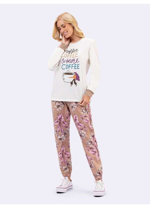 Veggi - Pijama Manga Longa c/ Calça Jogger Macchiato Bege