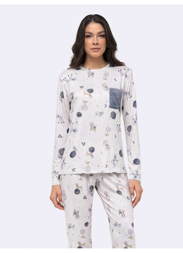 Veggi - Pijama Manga Longa com Bolso em Fleece Bege 4