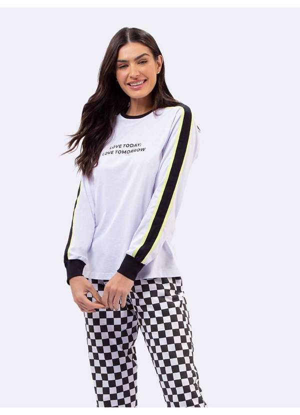 Veggi - Pijama Manga Longa Grid Preto e Branco Branco