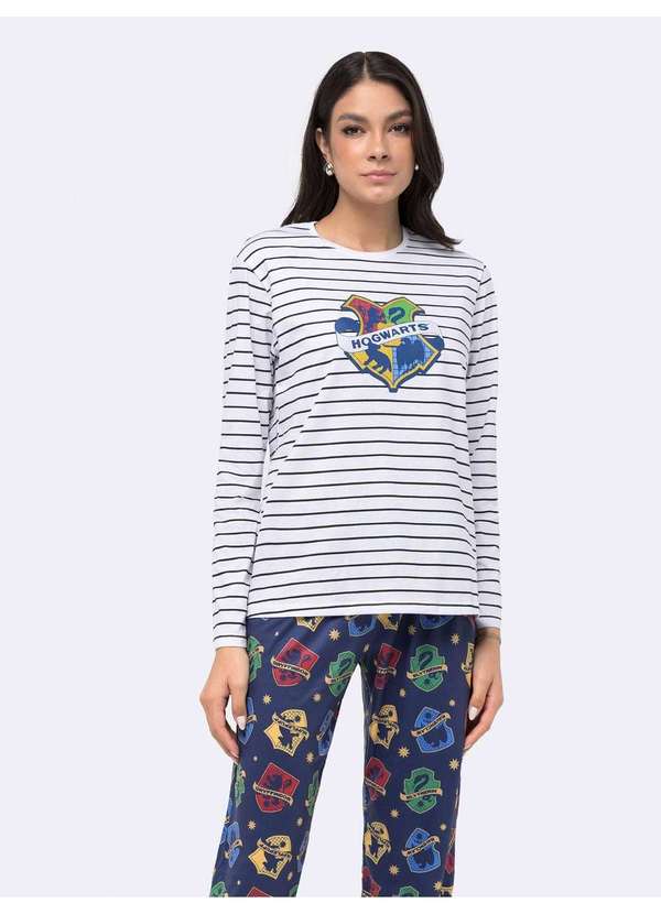 Veggi - Pijama Manga Longa Hogwarts com Estampa Metalizada Branco