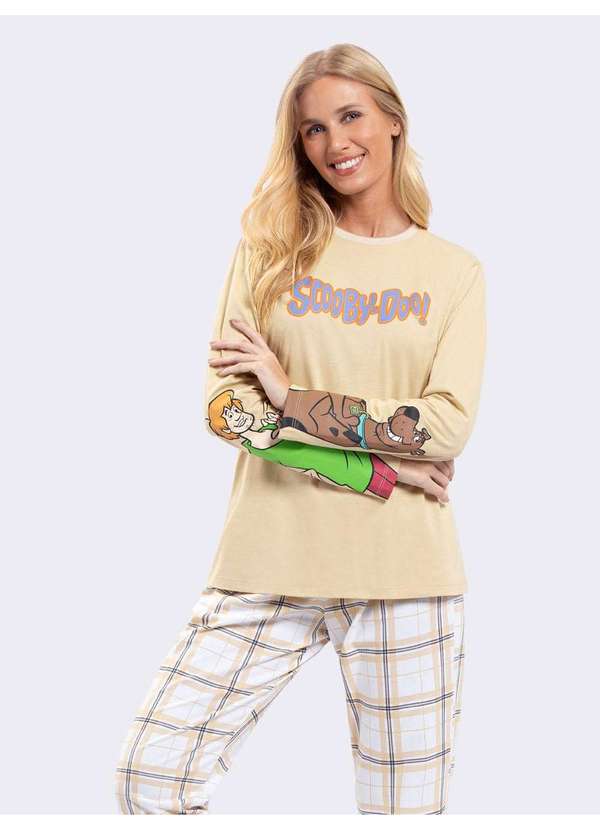 Veggi - Pijama Manga Longa Xadrez Salsicha e Scooby Bege