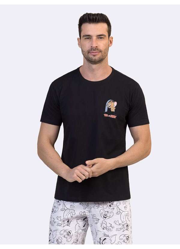 Veggi - Pijama Manrga Curta Masculino Tom e Jerry Outline Preto