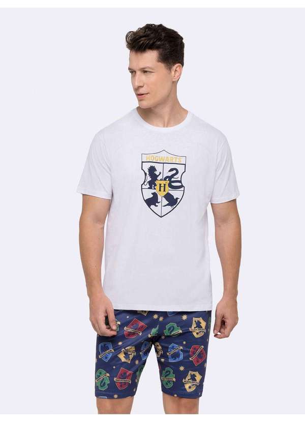 Veggi - Pijama Manga Curta Hogwarts Masculino com Estampa Metalizada Branco