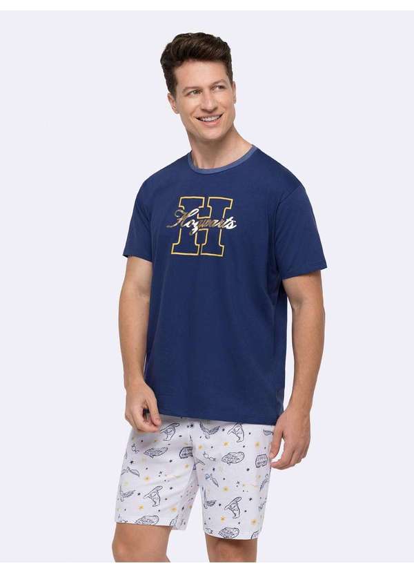 Veggi - Pijama Manga Curta Hogwarts Masculino com Estampa em Foil Azul
