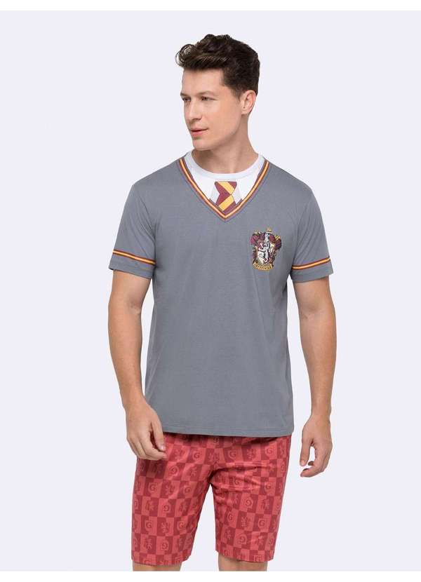 Veggi - Pijama Manga Curta Masculino Grifinória Cinza