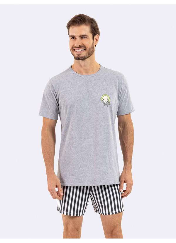Veggi - Pijama Manga Curta Masculino Mescla Beetlejuice Cinza