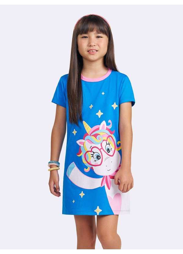 Veggi - Camisola Manga Curta Unicórnio Magic Stickers Azul