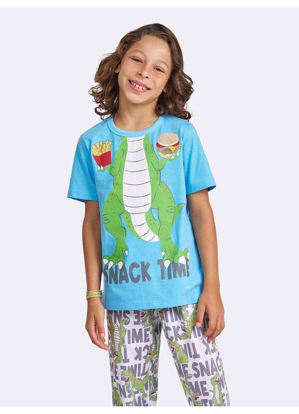 Veggi - Pijama Manga Curta com Calça Dino Snacks Azul