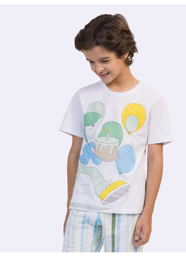 Veggi - Pijama Manga Curta com Calça Masculino Infantil Bia Listras Branco
