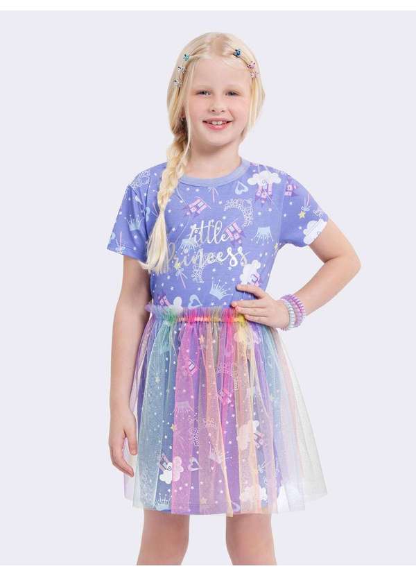 Veggi - Camisola Manga Curta Infantil com Saia de Tule e Brilhos Azul