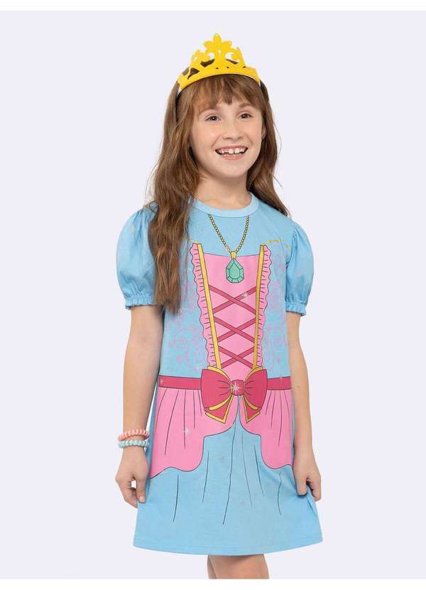 Veggi - Camisola Manga Curta Infantil Princesa com Estampa Metalizada e T Azul