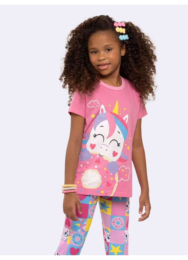 Pijama Infantil Manga Curta com Calça Unicórnio com Glitter Rosa