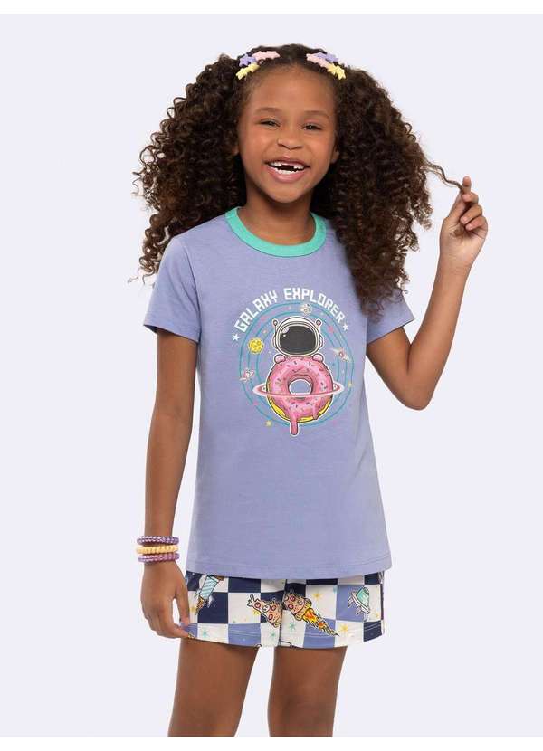 Veggi - Pijama Infantil Manga Curta Galaxy Explorer com Estampa que Brilh Azul