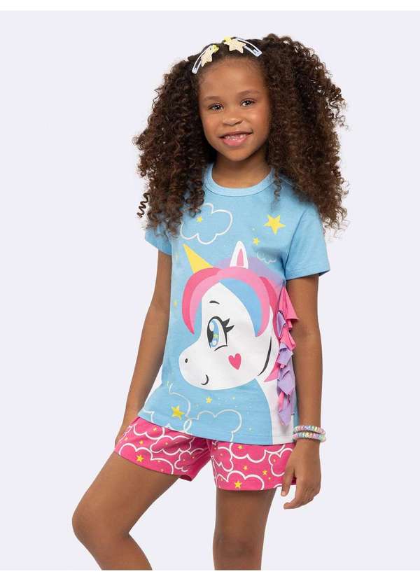 Veggi - Pijama Infantil Manga Curta Unicórnio com Estampa Glitter Azul