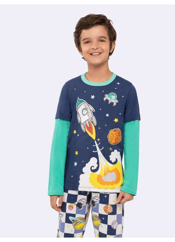 Veggi - Pijama Infantil Manga Longa Foguete Espacial com Conforto Extra Azul