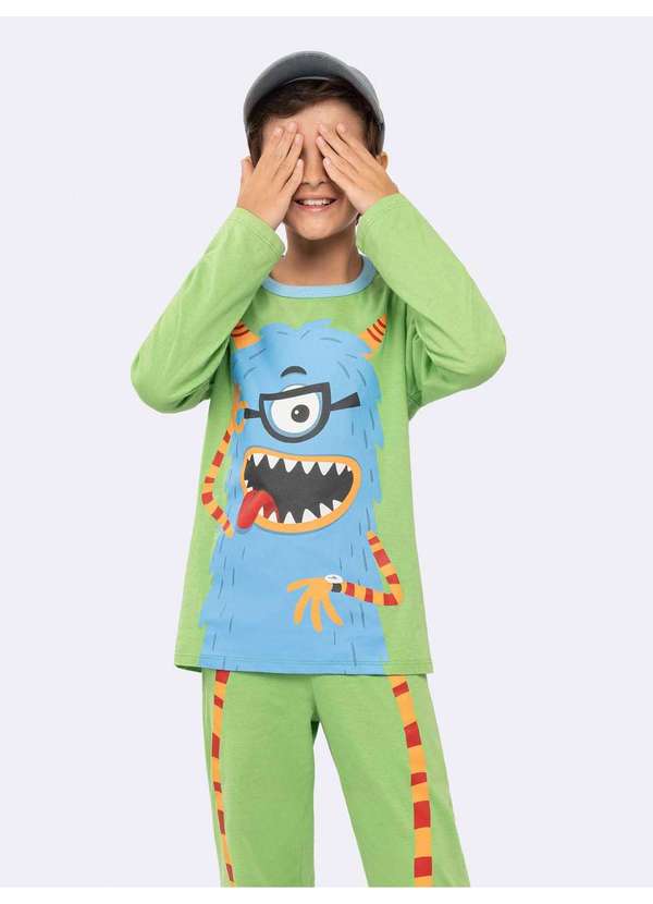 Veggi - Pijama Infantil Manga Longa Monstrinho com Estampa que Brilha no Verde