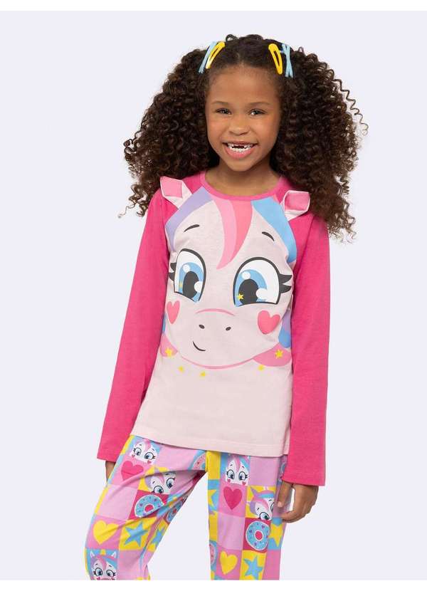 Veggi - Pijama Infantil Manga Longa Unicórnio com Detalhes Divertidos Rosa
