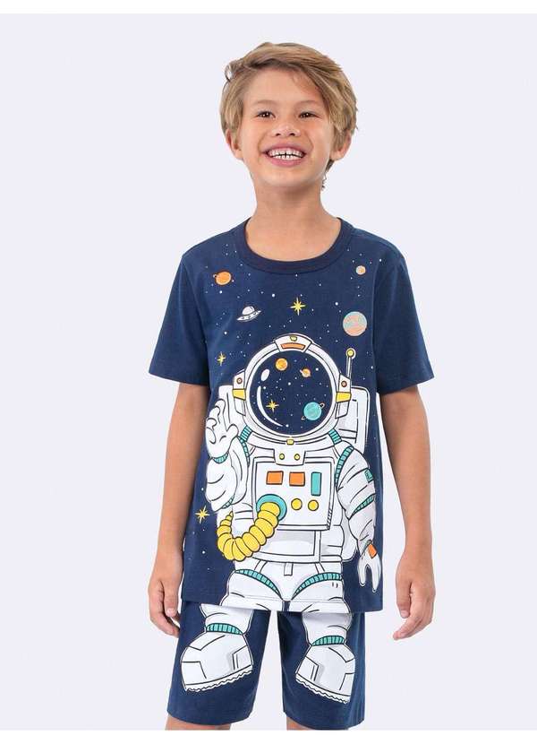 Veggi - Pijama Manga Curta Astronauta Brilha no Escuro Azul