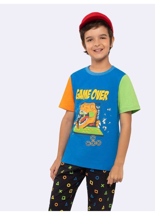 Veggi - Pijama Manga Curta com Calça Infantil Game Over com Estampa que B Azul