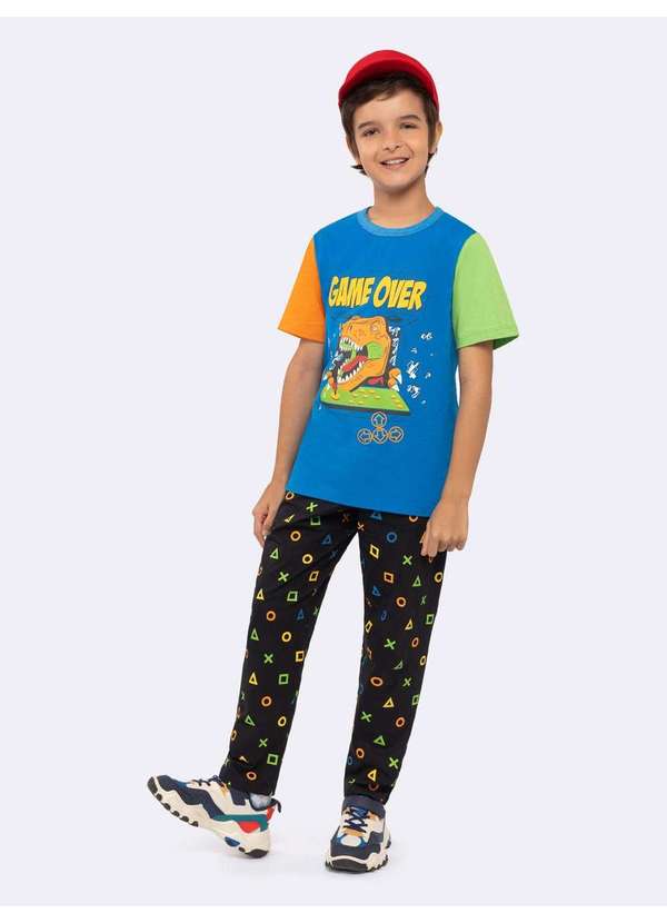 Veggi - Pijama Manga Curta com Calça Infantil Game Over com Estampa que B Azul 2