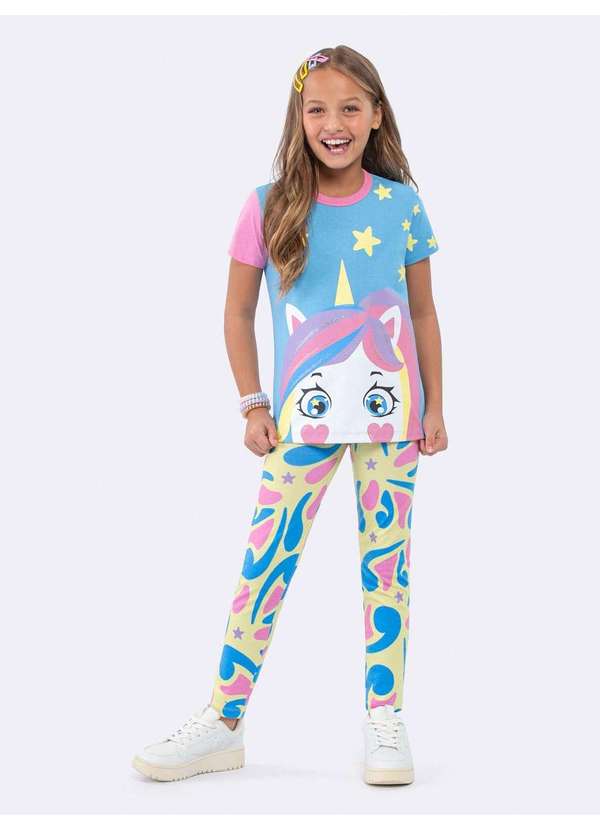 Veggi - Pijama Manga Curta com Calça Legging Unicórnio Brilha no Escuro Azul