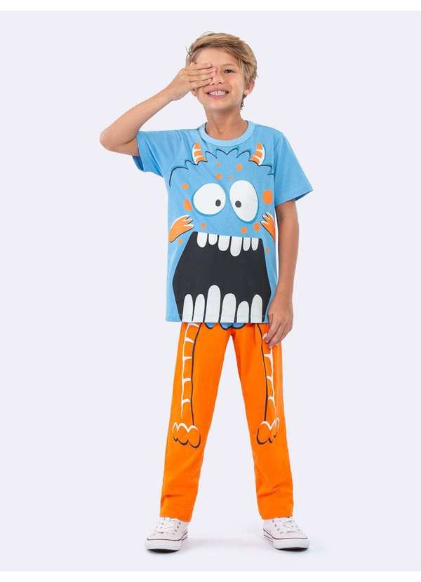 Veggi - Pijama Manga Curta com Calça Unissex Monstro Brilha no Escuro Azul