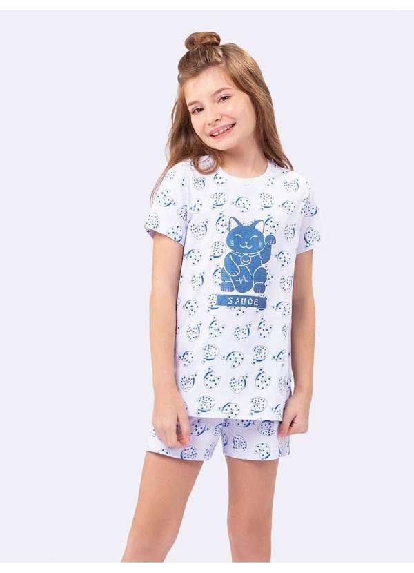 Veggi - Pijama Manga Curta Infantil Azul Faça um Desejo Branco