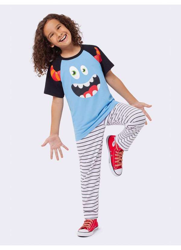 Veggi - Pijama Manga Curta Infantil com Calça Meu Monstro Favorito Brilha Azul