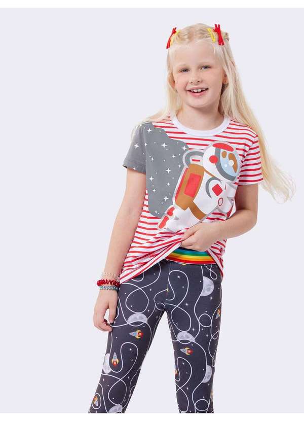 Veggi - Pijama Manga Curta Infantil com Legging Astronauta Brilha no Escu Vermelho