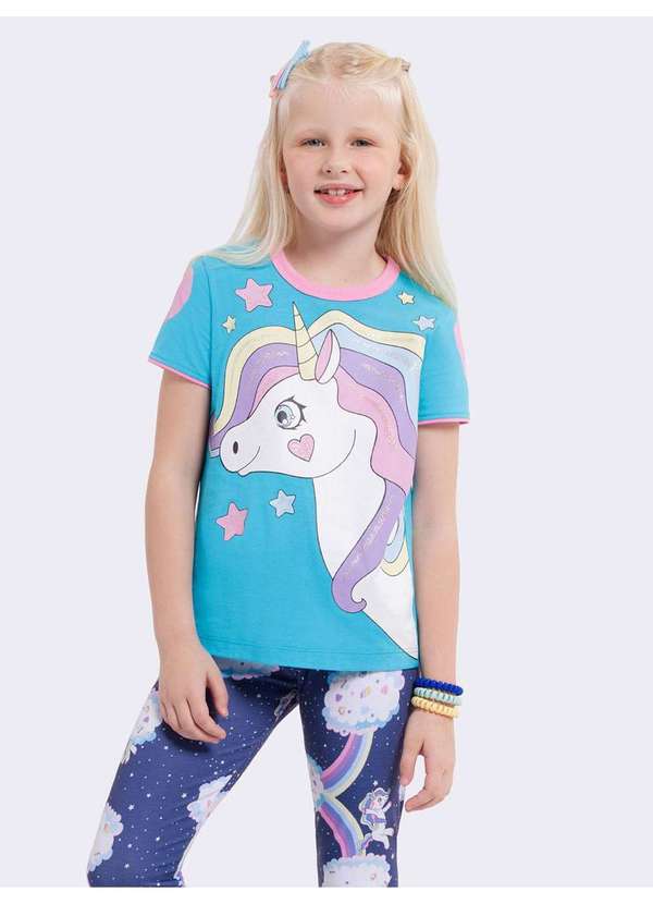 Veggi - Pijama Manga Curta Infantil com Legging Unicórnio Azul