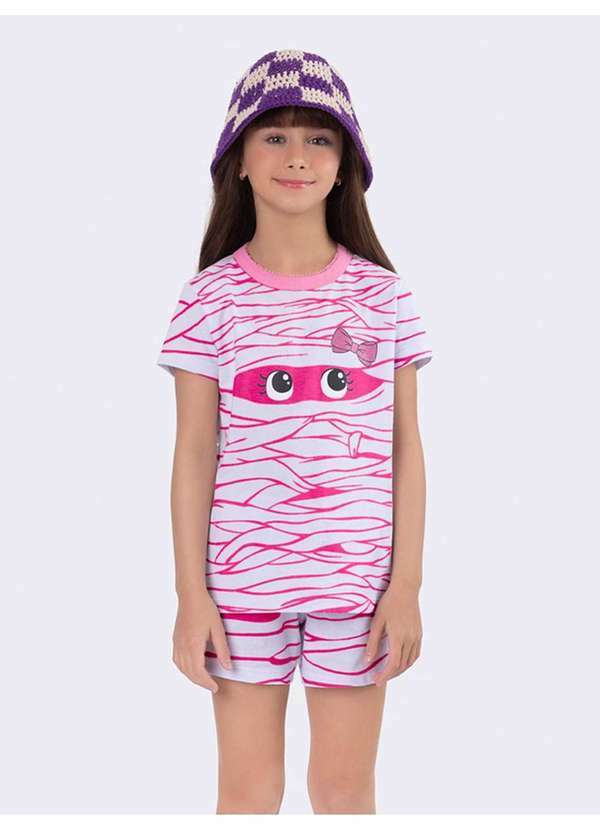 Veggi - Pijama Manga Curta Infantil Feminino Múmia Brilha no Escuro Branco