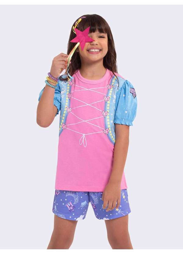 Veggi - Pijama Manga Curta Infantil Princesa com Varinha Mágica Rosa