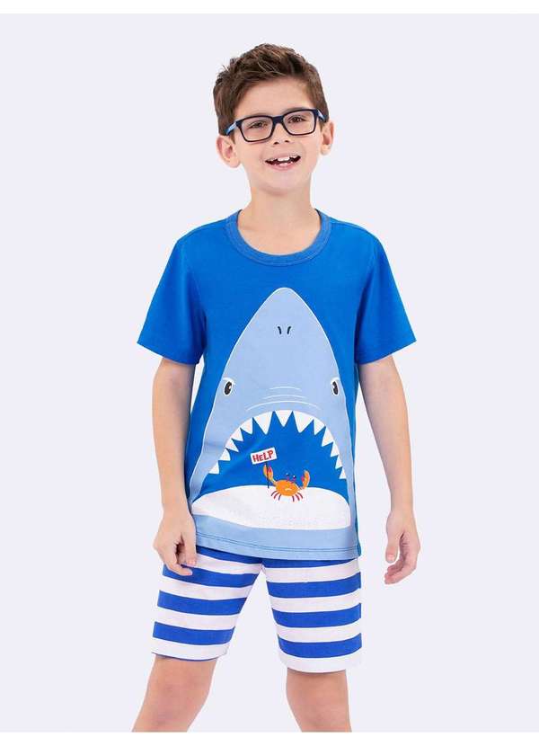 Veggi - Pijama Manga Curta Infantil Tubarão com Mochila Azul 2