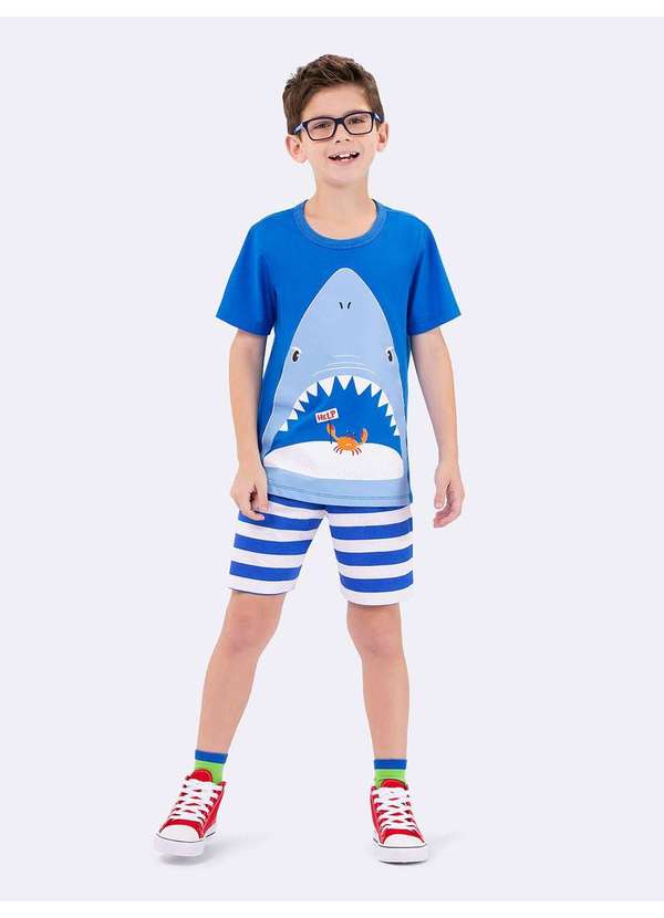 Veggi - Pijama Manga Curta Infantil Tubarão com Mochila Azul 4