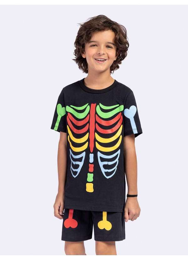 Veggi - Pijama Manga Curta Masculino Esqueleto Color Brilha no Escuro Preto
