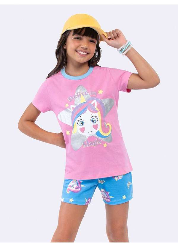 Veggi - Pijama Manga Curta Unicórnio com Glitter Rosa
