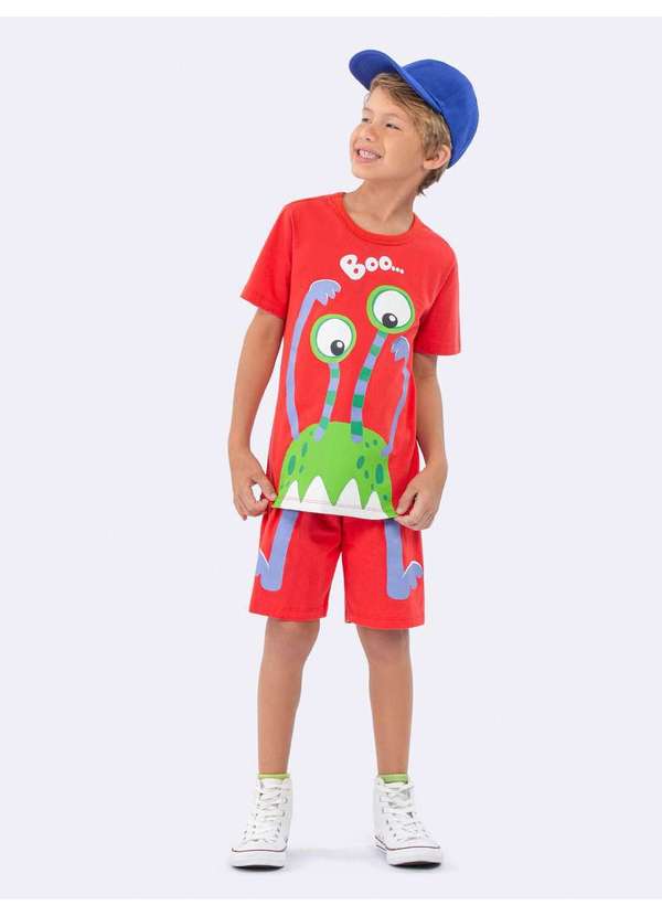 Veggi - Pijama Manga Curta Unissex Boo Brilha no Escuro Vermelho 2