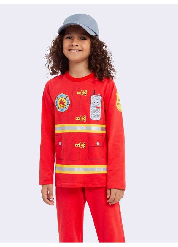 Veggi - Pijama Manga Longa Infantil Bombeiro com Necessaire - Acompanha C Vermelho
