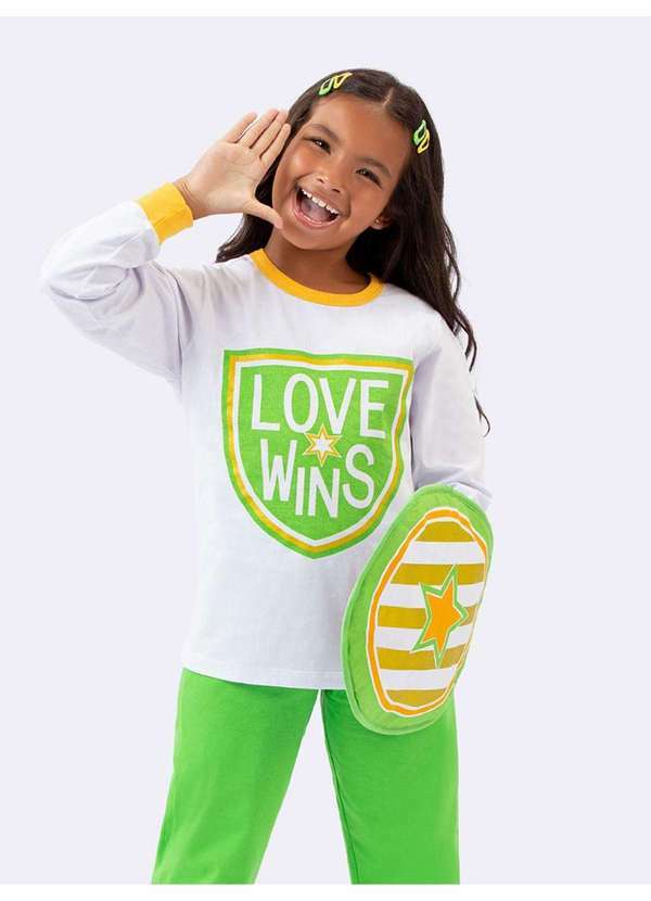 Veggi - Pijama Manga Longa Infantil com Calça Jogger e Escudo Branco