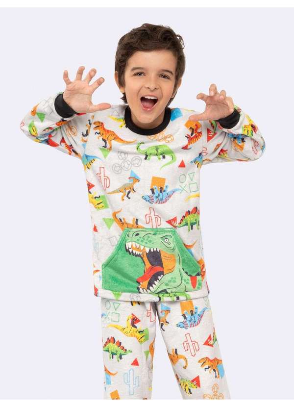 Veggi - Pijama Manga Longa Infantil Dinossauro com Bolso Canguru Cinza