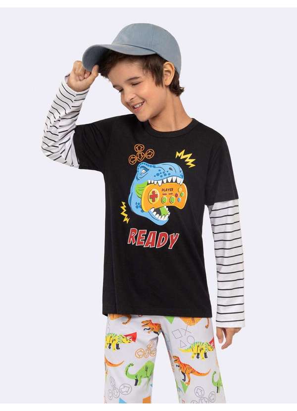 Veggi - Pijama Manga Longa Infantil Dinossauro com Estampa que Brilha no Preto