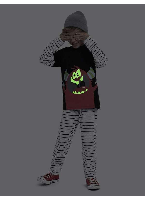 Veggi - Pijama Manga Longa Infantil Meu Monstro Favorito Brilha no Escuro Preto 4