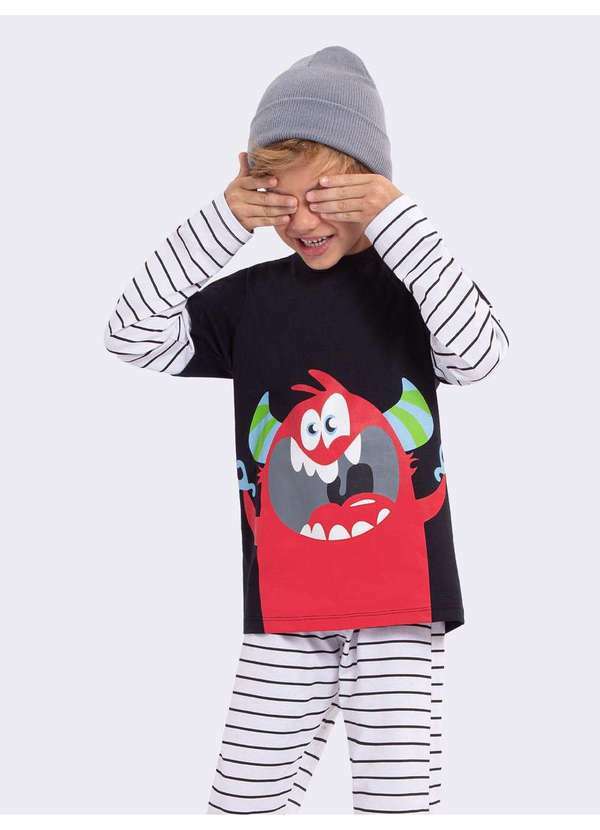 Veggi - Pijama Manga Longa Infantil Meu Monstro Favorito Brilha no Escuro Preto 5