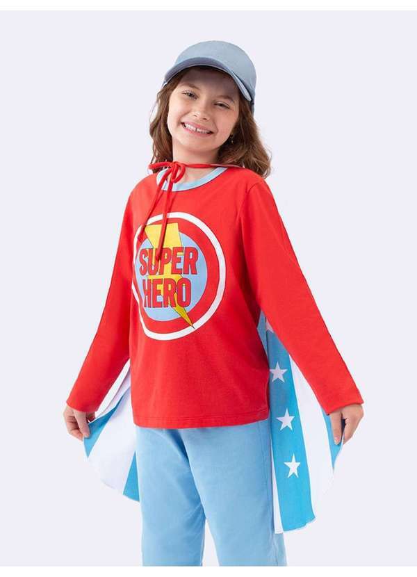 Veggi - Pijama Manga Longa Infantil Super Heroína com Capa Vermelho