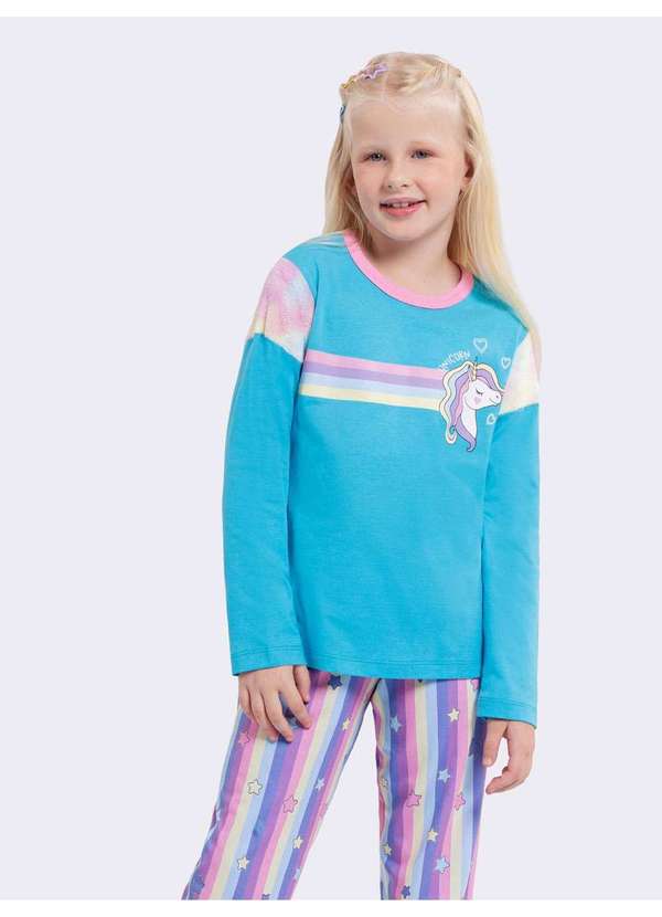 Veggi - Pijama Manga Longa Infantil Unicórnio Azul