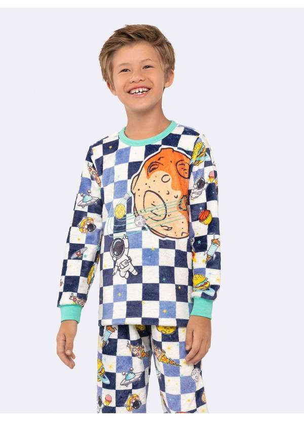 Veggi - Pijama Masculino Infantil Manga Longa Espaço com Calça Jogger em Branco