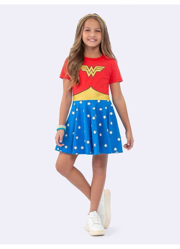 Veggi - Camisola Manga Curta Infantil Mulher Maravilha Brilha no Escuro Vermelho 2