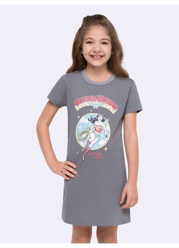 Veggi - Camisola Manga Curta Infantil Mulher-Maravilha em Malha Penteada Cinza