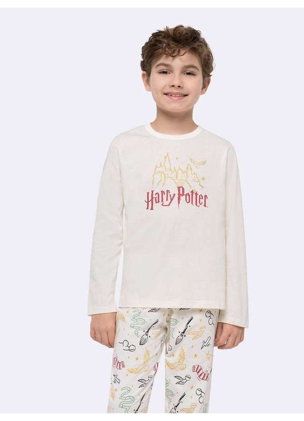 Veggi - Pijama Infantil Manga Longa Harry Potter Unissex com Estampa Meta Bege