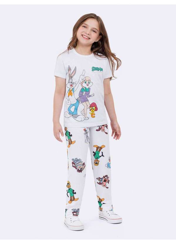 Veggi - Pijama Manga Curta com Calça Infantil Loney Tunes Branco 2